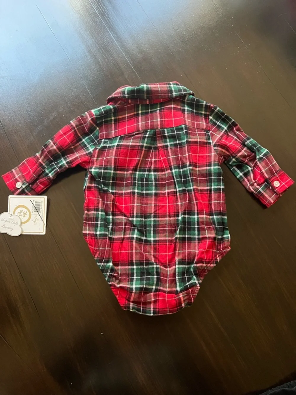 New - Little Me Red Plaid Christmas Baby Onesie with Navy Embroidered Pants